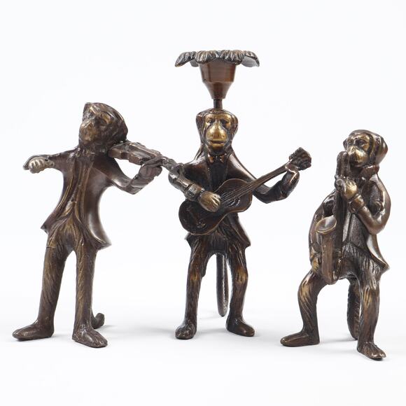 Gatco Brass Bronze Monkey Figurines Saxophone Violin Guitar Candle - Picture 1 of 16